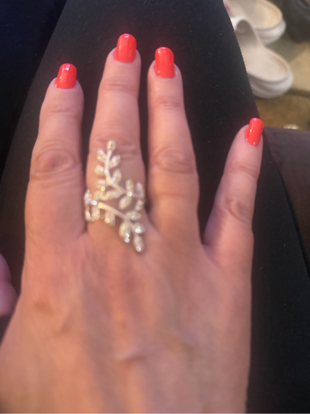 Delicate Silver Leaf Vine Ring - Sparkling Branch Design - Silver